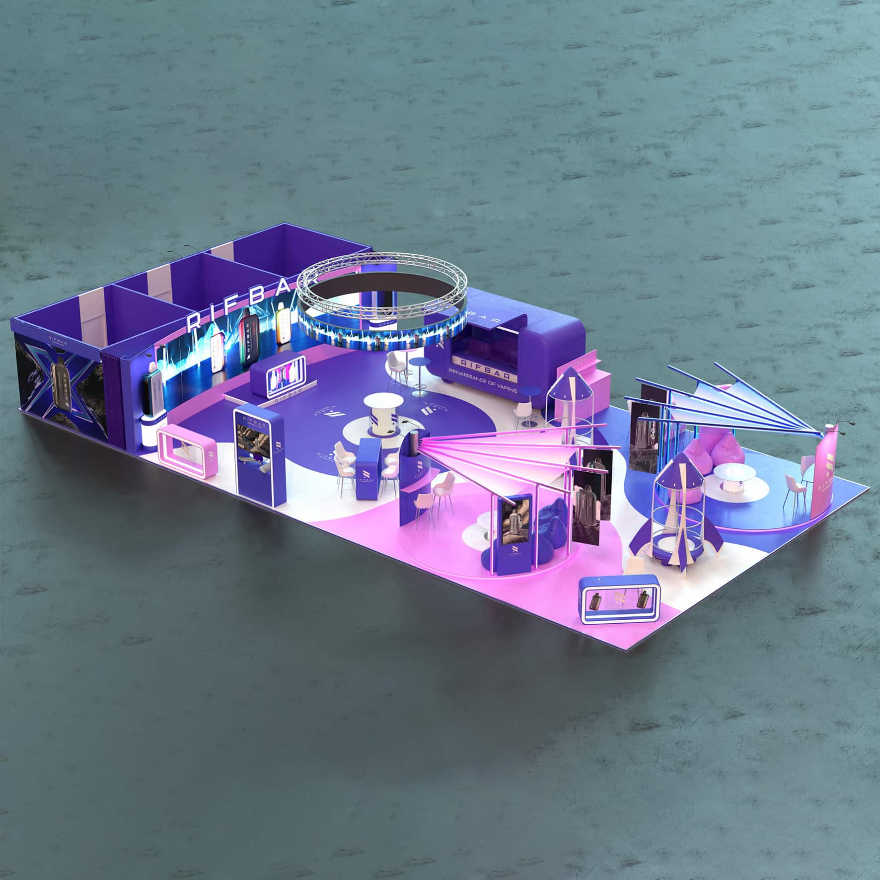 Cyberpunk Neon Vaping Tech Exhibit Intelligent RGB Ambience Sci-Fi Modular Vape Booth
